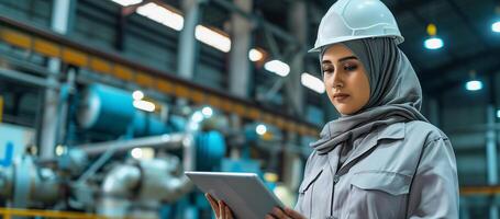 AI generated A female civil engineer, a Muslim woman in hijab and a hard hat, dressed in a uniform with a tablet in her hands. Portrait in the factory interior. Bokeh in the background. AI generated. photo