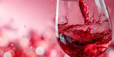 AI generated A glass of red wine in close-up on a pink background. Splashes of wine, pouring wine. Ai generated. photo
