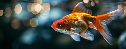 AI generated Goldfish swimming in the water, close up view, copy space. Photorealistic nature background with bokeh effect. AI generated. photo