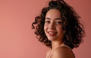 AI generated Dark-haired curly-haired young woman posing in close-up on a monochrome background, portrait, model. AI generated. photo