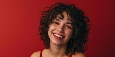 AI generated Dark-haired curly-haired young woman posing in close-up on a monochrome background, portrait, model. AI generated. photo
