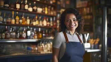 AI generated Proud female bartender at her workplace. A young dark-haired Latin American woman standing in front of bar, confident entrepreneur, business owner. Bokeh effect. AI generated. photo