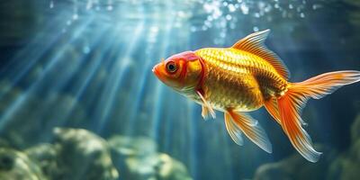 AI generated Goldfish swimming in the water, close up view, copy space. Photorealistic nature background with bokeh effect. AI generated. photo