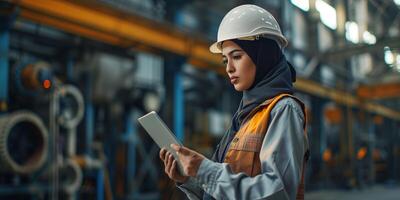 AI generated A female civil engineer, a Muslim woman in hijab and a hard hat, dressed in a uniform with a tablet in her hands. Portrait in the factory interior. Bokeh in the background. AI generated. photo