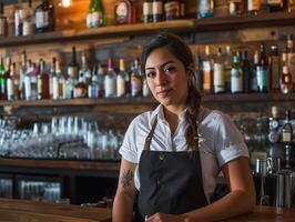 AI generated Proud female bartender at her workplace. A young dark-haired Latin American woman standing in front of bar, confident entrepreneur, business owner. Bokeh effect. AI generated. photo