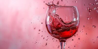 AI generated A glass of red wine in close-up on a pink background. Splashes of wine, pouring wine. Ai generated. photo