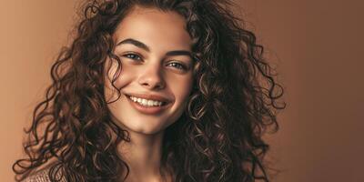 AI generated Dark-haired curly-haired young woman posing in close-up on a monochrome background, portrait, model. AI generated. photo