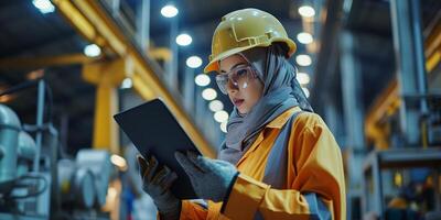 AI generated A female civil engineer, a Muslim woman in hijab and a hard hat, dressed in a uniform with a tablet in her hands. Portrait in the factory interior. Bokeh in the background. AI generated. photo