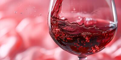 AI generated A glass of red wine in close-up on a pink background. Splashes of wine, pouring wine. Ai generated. photo