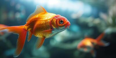 AI generated Goldfish swimming in the water, close up view, copy space. Photorealistic nature background with bokeh effect. AI generated. photo