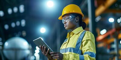 ai generado un hembra civil ingeniero, negro afro americano mujer en un difícil sombrero, vestido en un uniforme con un tableta en su manos. retrato en el fábrica interior. bokeh en el antecedentes. ai generado. foto