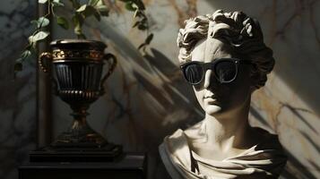AI generated An antique bust sculpture in modern sunglasses. Bokeh in the background. AI generated. photo