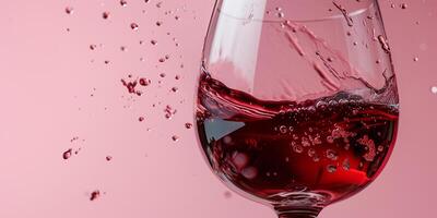 AI generated A glass of red wine in close-up on a pink background. Splashes of wine, pouring wine. Ai generated. photo