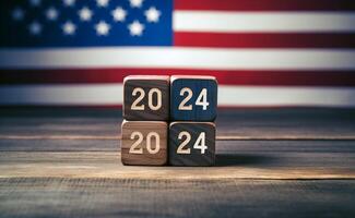 ai generado unido estados presidencial elección, 2024. de madera cubitos con texto 2024 terminado el americano bandera en el antecedentes. bokeh en el antecedentes. ai generado. foto