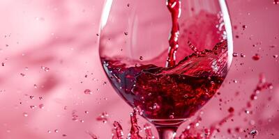 AI generated A glass of red wine in close-up on a pink background. Splashes of wine, pouring wine. Ai generated. photo