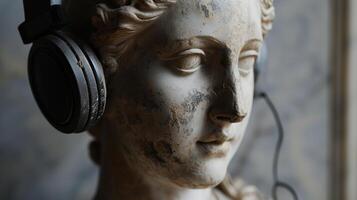 ai generado un antiguo busto escultura en moderno auriculares. bokeh en el antecedentes. ai generado. foto