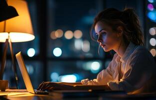 AI generated A woman working at night. Young businesswoman using a laptop during a late night in a modern office. photo