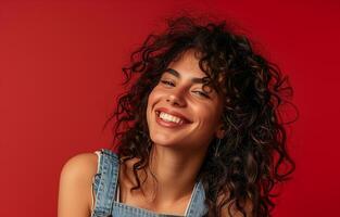 AI generated Dark-haired curly-haired young woman posing in close-up on a monochrome background, portrait, model. AI generated. photo