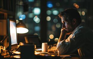 AI generated A man working at night. Young businessman using a laptop during a late night in a modern office. Bokeh in the background. AI generated. photo