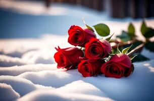 AI generated Bouquet of red flowers, roses in the snow photo