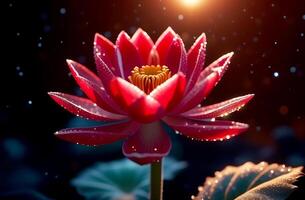 AI generated pink lotus flower with water drops on a dark background photo