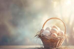 ai generado Pascua de Resurrección cesta de huevos en el luz de sol con Copiar espacio foto