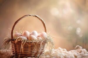 ai generado Pascua de Resurrección antecedentes con cesta de huevos en el luz de sol foto