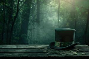 ai generado verde duendes sombrero en madera mesa en oscuro tonos foto