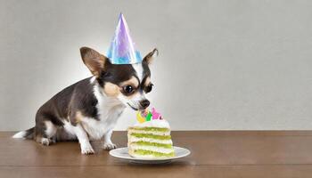 AI generated Generative Ai young chihuahua is licking a birthday cake on a table with copy-space photo