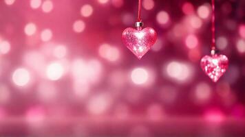 AI generated heart shaped glowing lights with pink blurred bokeh background. Birthday, Holiday Greetings Card, decorative Web Banner, Valentine's Day photo