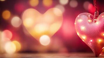 AI generated heart shaped glowing lights with pink blurred bokeh background. Birthday, Holiday Greetings Card, decorative Web Banner, Valentine's Day photo