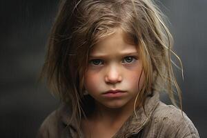 AI generated Vulnerable Poorness on child face. Generate ai photo