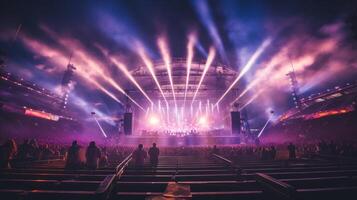 AI generated Concert crowd in front of bright stage lights with smoke and rays of light photo