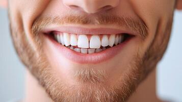 AI generated Closeup of young man with healthy teeth, isolated on grey background photo