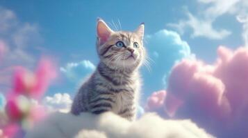 AI generated Cute tabby kitten sitting on the cloud and looking up. photo