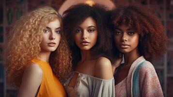 AI generated Three beautiful young women with afro hairstyle posing in studio. photo