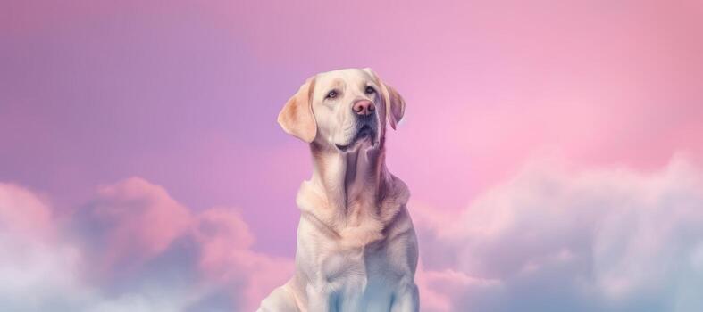 AI generated Labrador retriever dog sitting on a pink background with clouds. photo