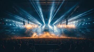 AI generated Concert crowd in front of a bright stage with lights and spotlights photo