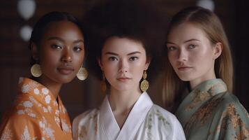 AI generated Portrait of three beautiful young women in kimono looking at camera photo