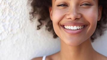 AI generated Close up portrait of a smiling young woman with white teeth against white wall photo