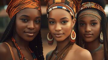 ai generado retrato de Tres africano mujer en tradicional ropa posando en un Moda almacenar. foto