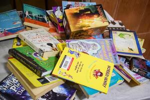 New Delhi, India, September 09 2023 - Variety of Books on shelf inside a book-stall at Delhi International Book Fair, Selection of books on display in Annual Book Fair. photo