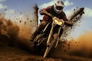 AI generated Muddy Motocross crossing dirt. Generate Ai photo