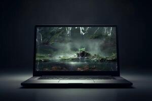 AI generated Illuminated Photo of open laptop screen on black surface. Generate ai