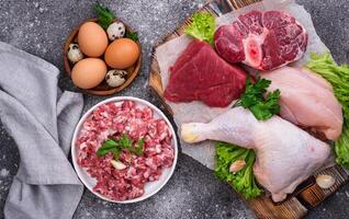 Various raw meat, sources of animal protein photo