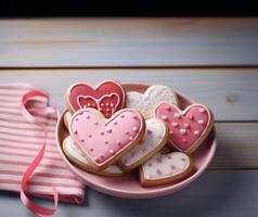 AI generated Homemade heart shaped cookies and test space photo