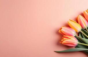 AI Generated Close-up of buds of colored tulips on Peach Fuzz background. Holiday card in peach tones with copy space photo
