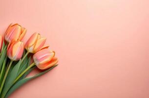 AI Generated Peach Fuzz background with a bouquet of fresh tulips and free copy space. March 8 birthday concept photo