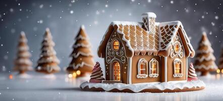 AI Generated Banner with a painted gingerbread house and blurred gingerbread trees on a gray background and snowfall. Space for copy and advertising. New Year Christmas photo