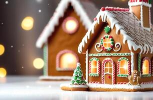 ai generado pan de jengibre casa día tarjeta con sitio para texto, pan de jengibre casas decorado con Formación de hielo y crema con bokeh en el antecedentes. Navidad, nuevo año foto